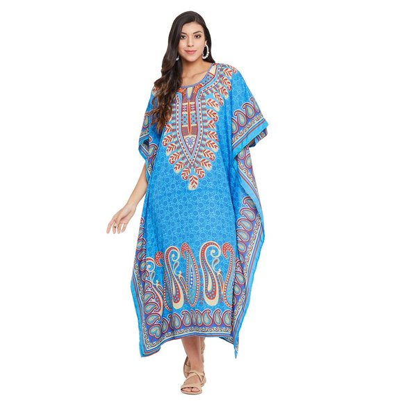 Women Plus Size Fit and Flare Paisley Printed Blue Kaftan Dress by Gypsie Blu - Picture 7 of 8